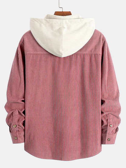 Long Sleeved Contrast Corduroy Hooded Shirt