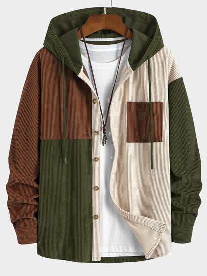Relax Fit Colorblock Corduroy Hooded Shirt